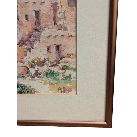 Faulkner Watercolor Painting Of Adobe Pueblo Scene In Copper Frame - Picture 4 of 16